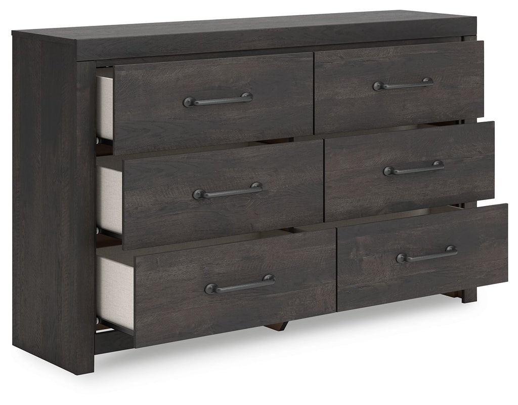 Dark gray six-drawer dresser with two drawers open, showing light interior