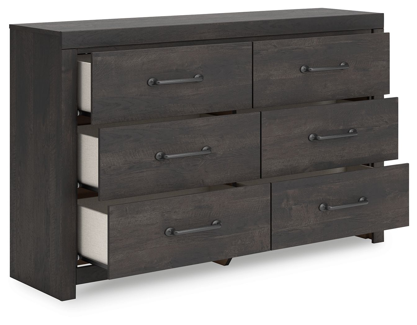 Dark gray six-drawer dresser with two drawers open, showing light interior