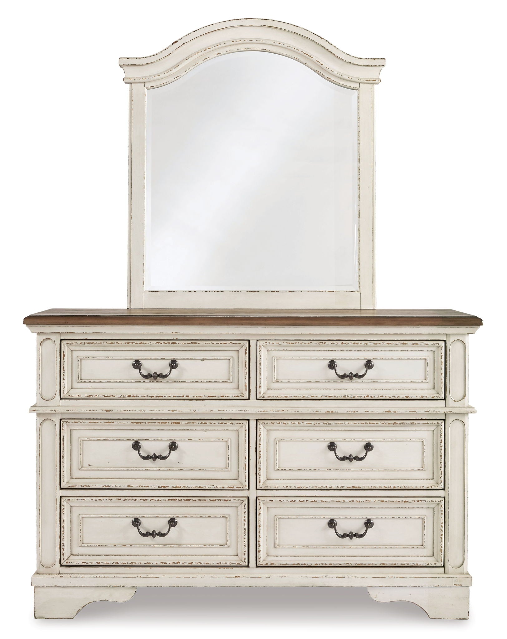 White dresser with mirror and six drawers, front view with scalloped top frame.