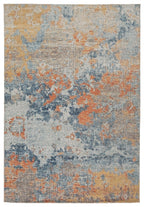 5' x 7' greige rug with distressed blue, orange, and tan abstract pattern