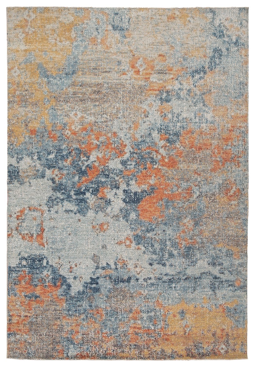 5' x 7' greige rug with distressed blue, orange, and tan abstract pattern