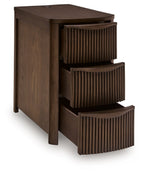Dark brown chair side end table with three stacked open drawers and vertical slat panels