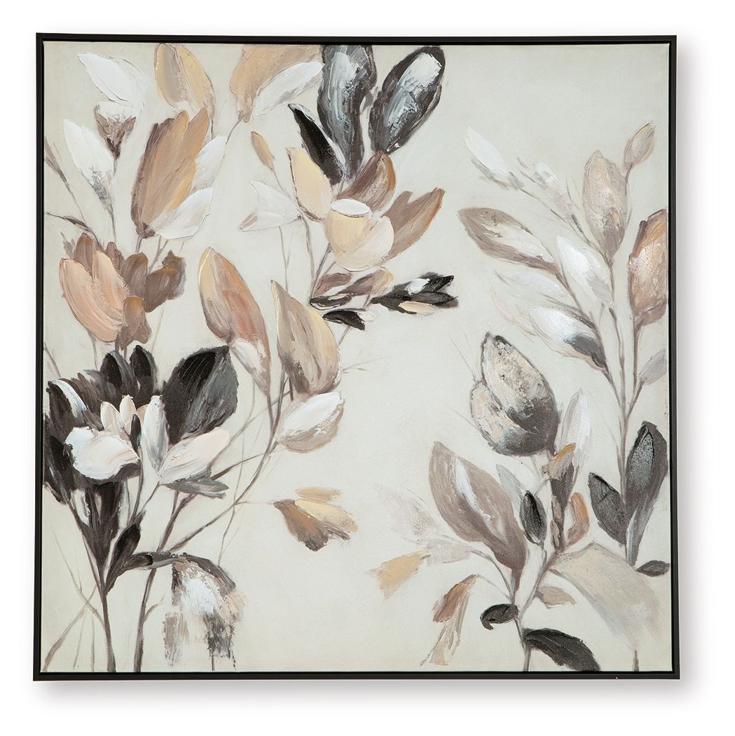 Framed abstract botanical wall art with tan, brown, and black leaves on light background.