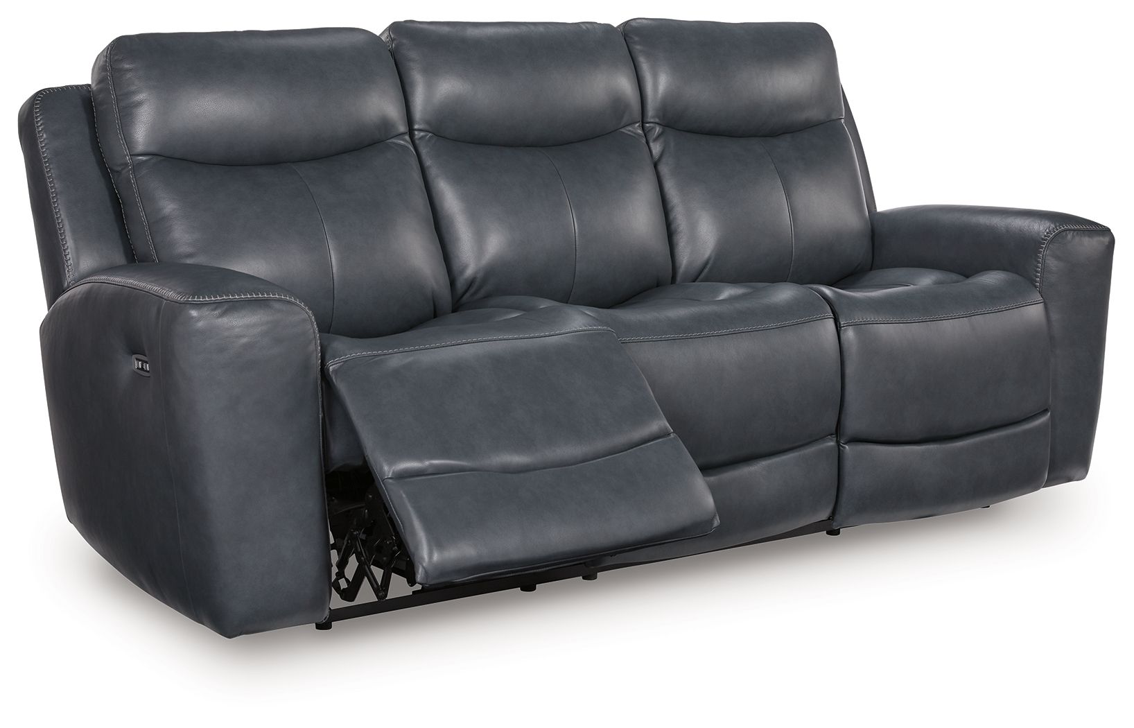 Dark blue power reclining sofa with reclined chaise and adjustable headrests