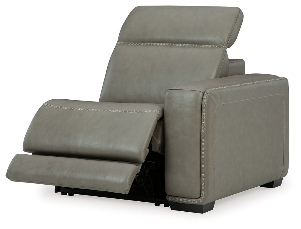 Gray power recliner chair with footrest extended and angled backrest