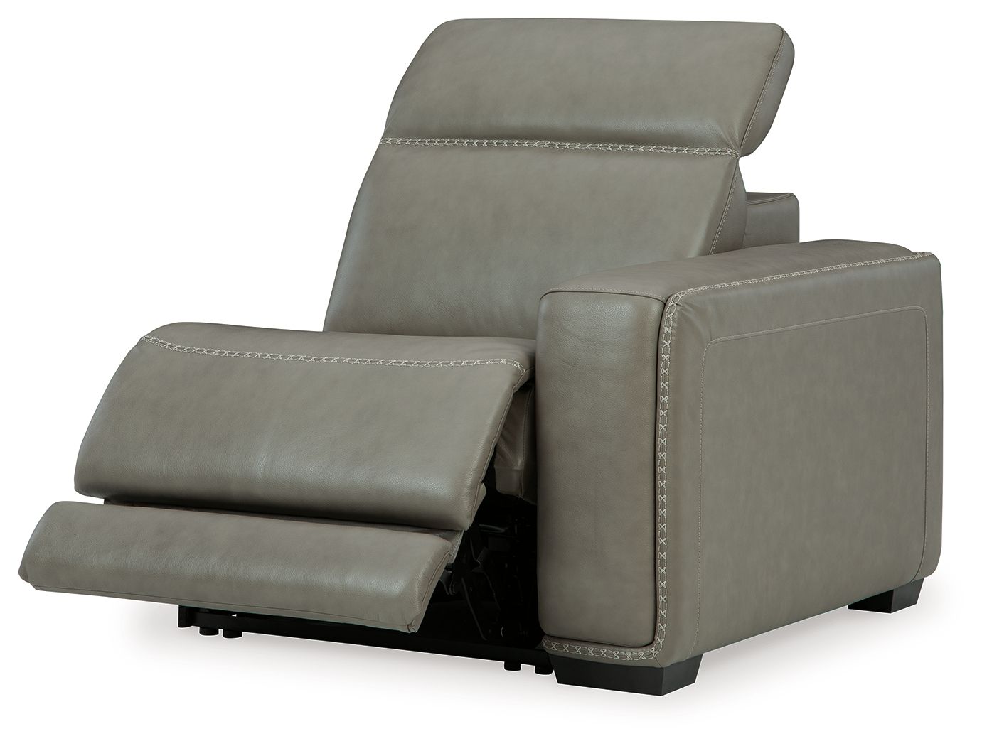 Gray power recliner chair with footrest extended and angled backrest