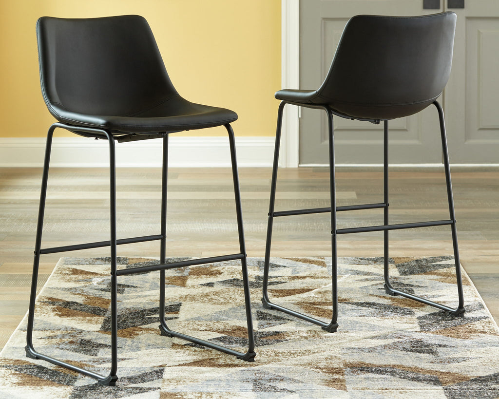 Upholstered bar stool set of 2 with black seats and tall black metal frames