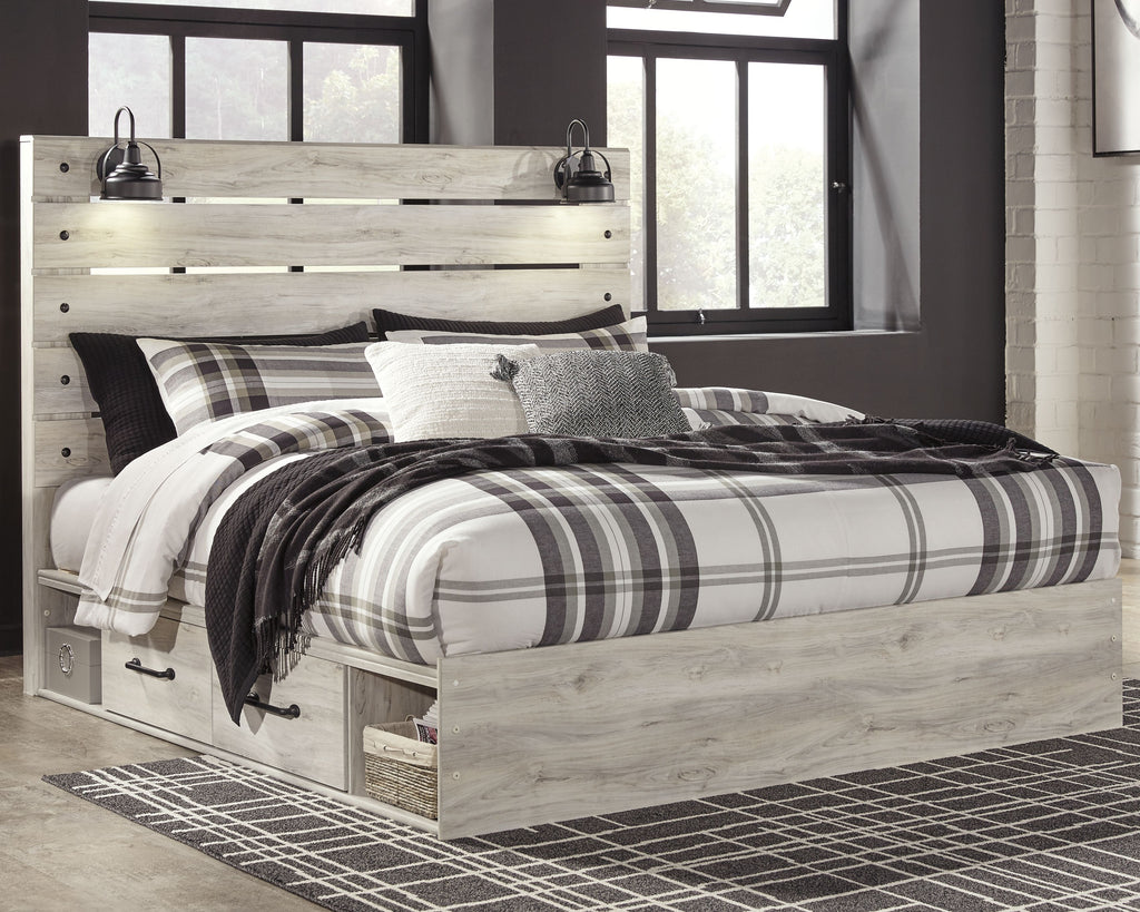 Bedroom set bed with light wood frame and plaid bedding, plus matching headboard panel