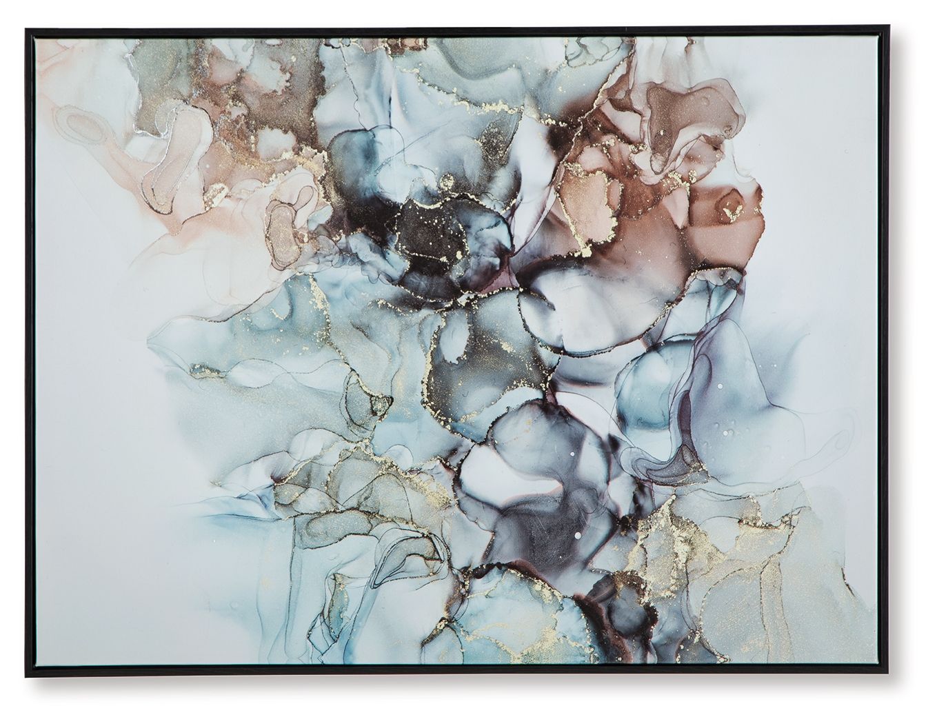 Framed abstract wall art with blue, beige, and brown fluid swirls
