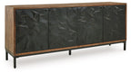 Black accent cabinet with geometric door panels and wood top, four-foot legs