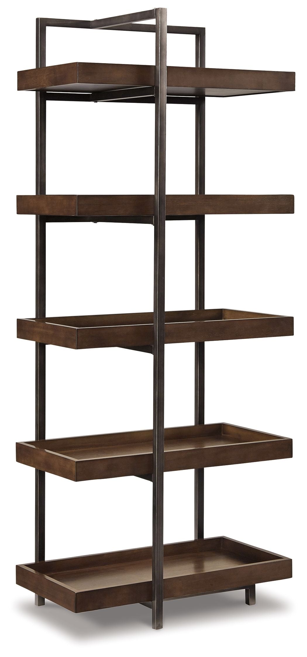 Brown wood pier shelf with gunmetal metal legs and rail, four open tiers