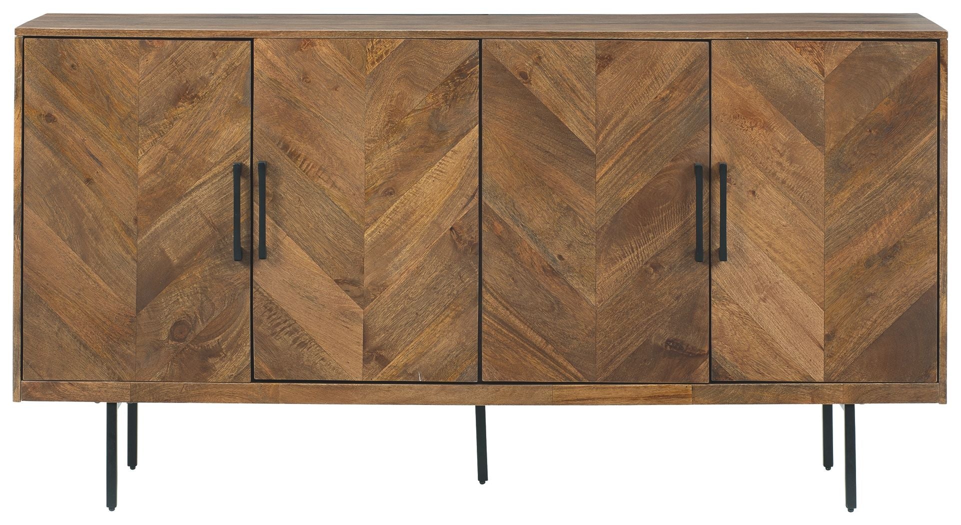 Brown accent cabinet with four doors, black bar pulls, and black legs