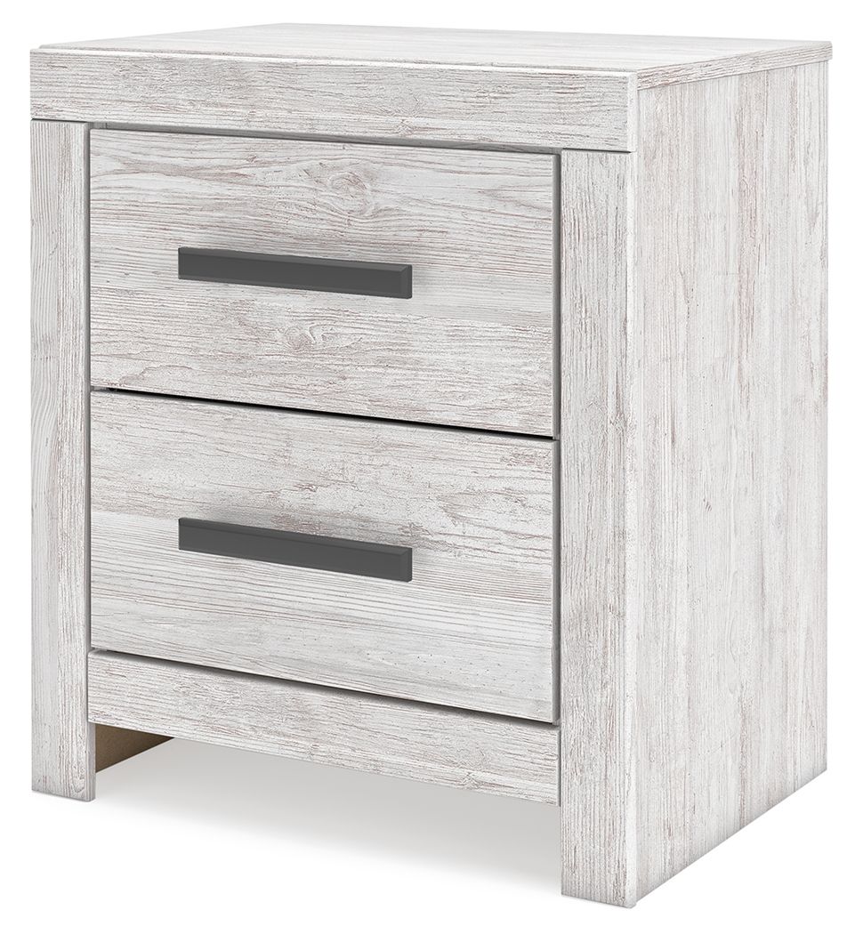 Whitewash two-drawer night stand with dark bar pulls and side panel