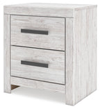 Whitewash two-drawer night stand with dark bar pulls and side panel