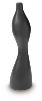 Black Judsen vase with tall hourglass shape, narrow neck and rounded body.