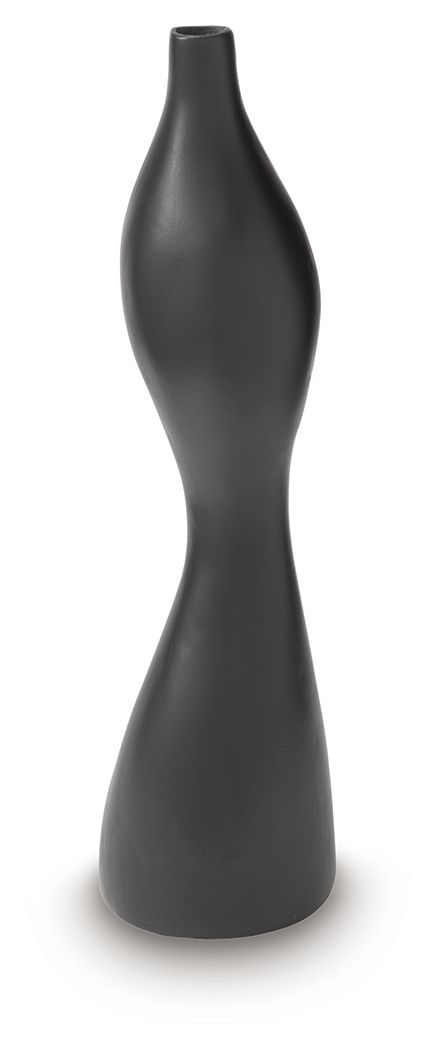 Black Judsen vase with tall hourglass shape, narrow neck and rounded body.