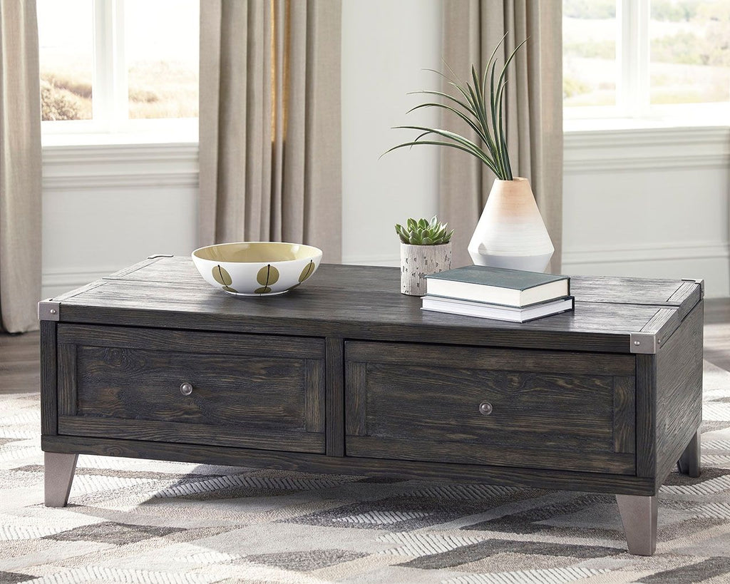 Lift-top cocktail table in dark gray wood with two drawers and a lift top panel