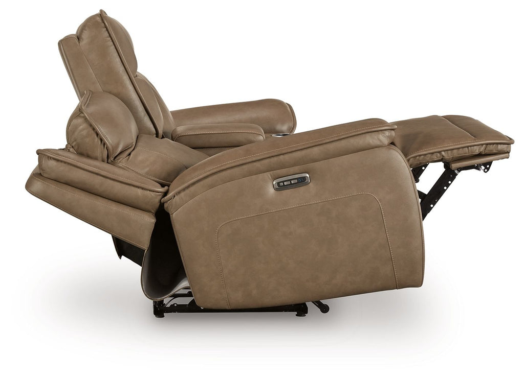 Power reclining loveseat with center console, adjustable headrest, extended footrest, brown upholstery
