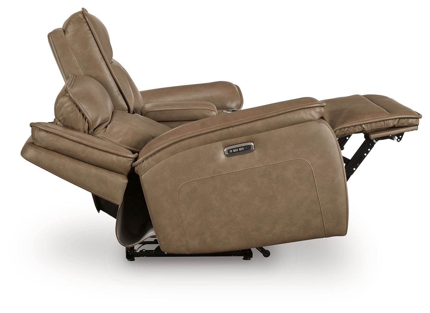 Power reclining loveseat with center console, adjustable headrest, extended footrest, brown upholstery