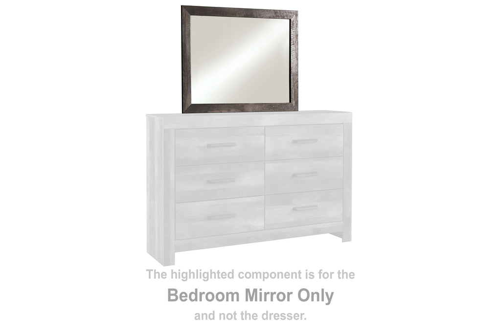 Rectangular bedroom mirror with gray frame and reflective glass surface