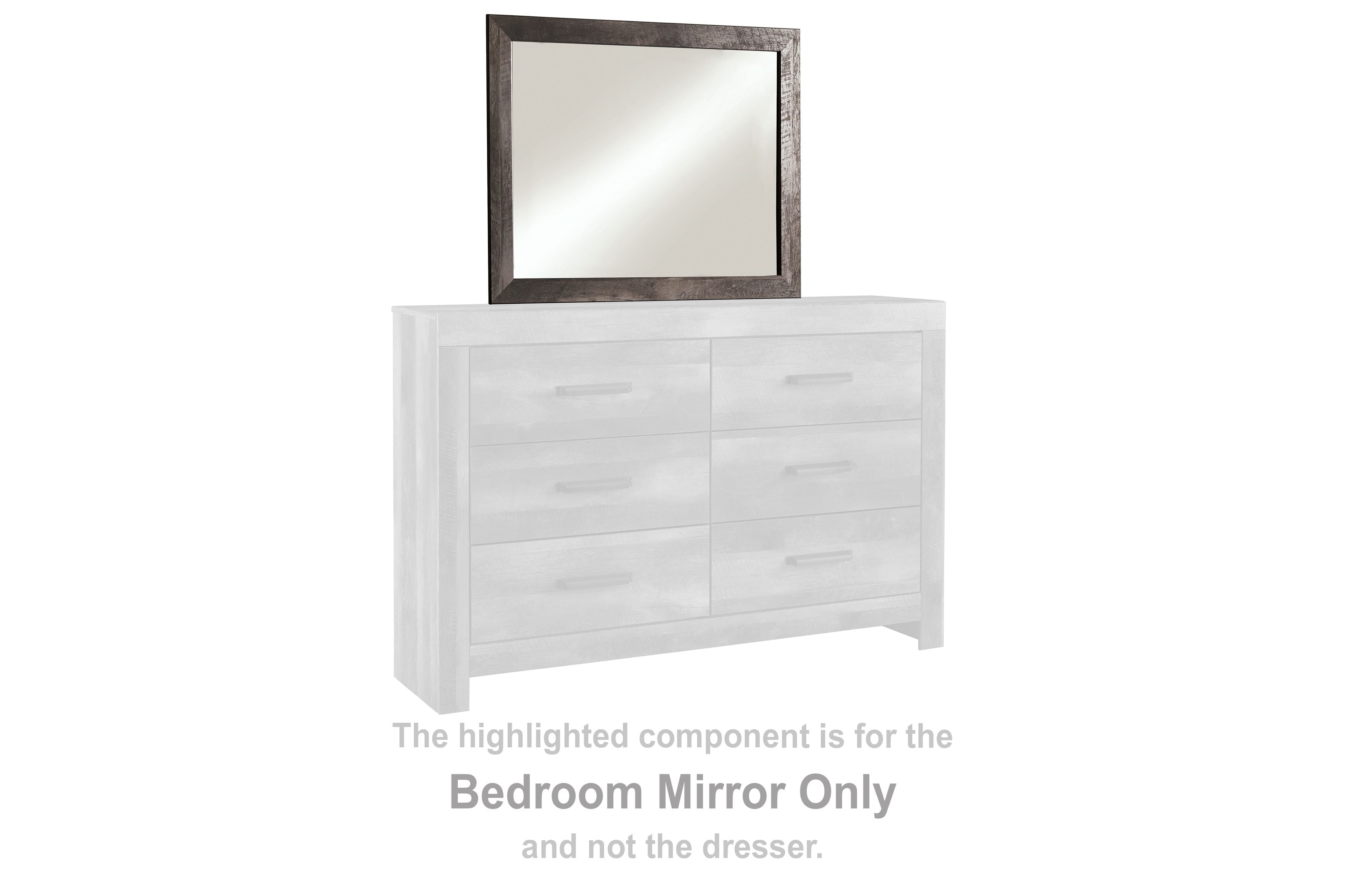 Rectangular bedroom mirror with gray frame and reflective glass surface