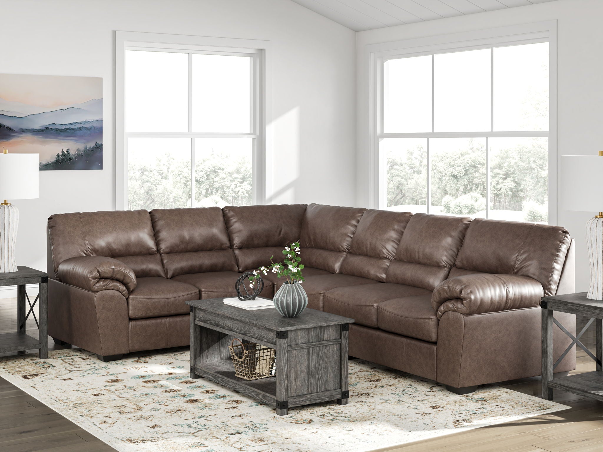 Brown sectional sofa with tufted back, deep seats, and chaise corner