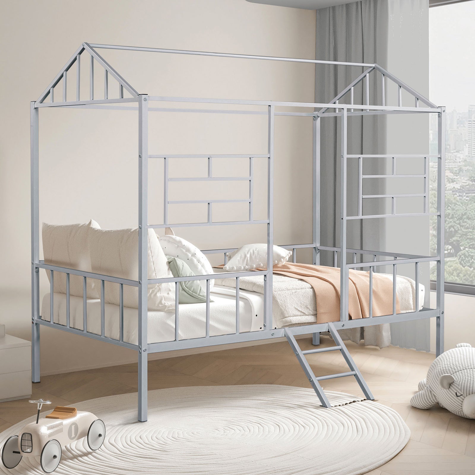 Contemporary Silver Metal House Design Twin Bunk Bed Angled Ladder