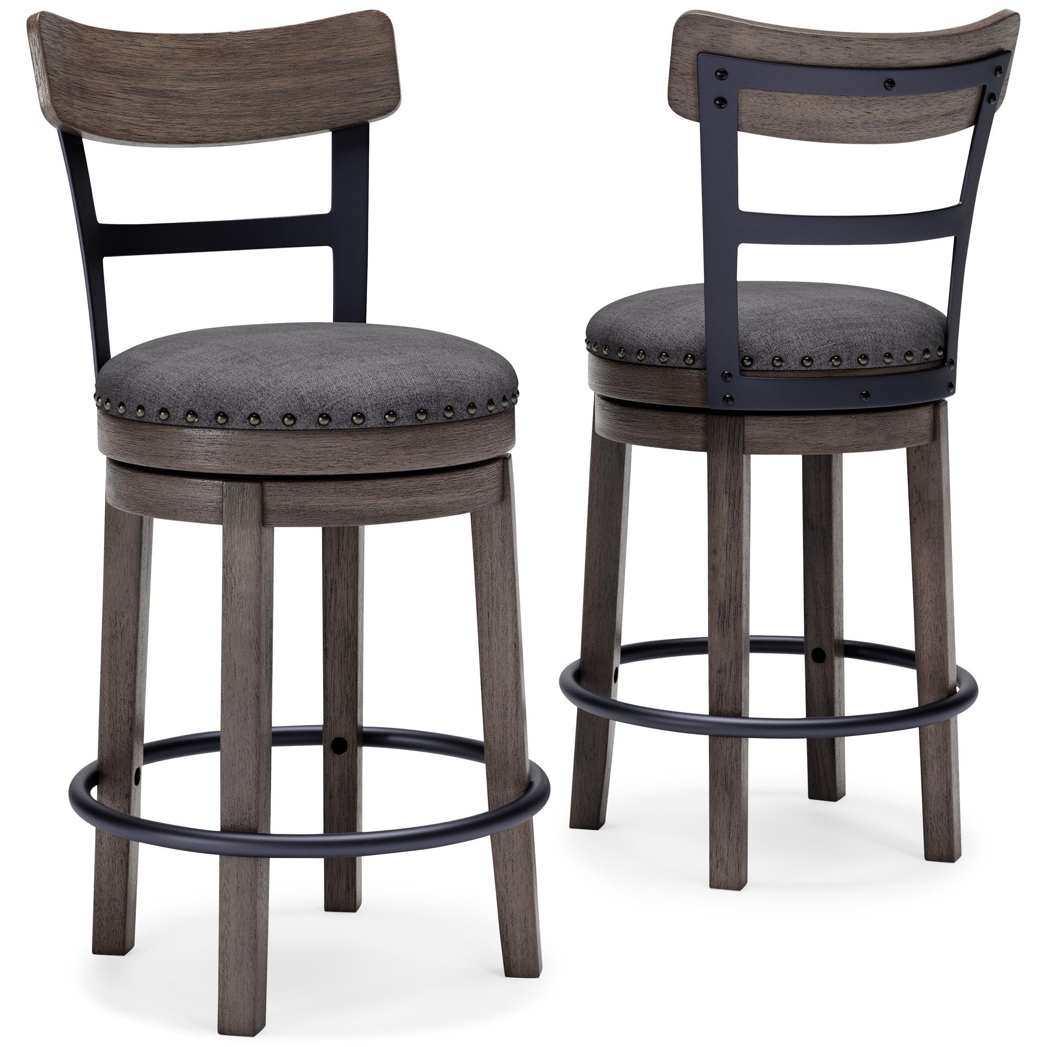 Gray upholstered swivel bar stool with round seat, nailhead trim, and curved footrest