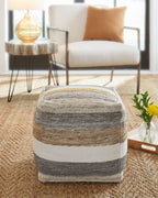 Striped fabric pouf with gray, white, and tan bands, square top.