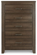 Juararo five-drawer chest in dark brown, front view with five silver bar pulls