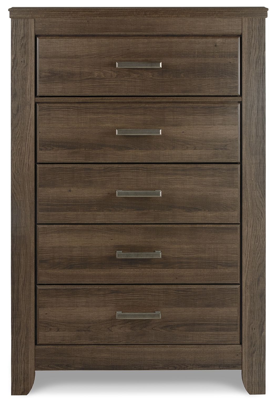 Juararo five-drawer chest in dark brown, front view with five silver bar pulls