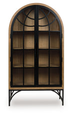 Natural wood accent cabinet with arched black metal grid door and four-tier shelves