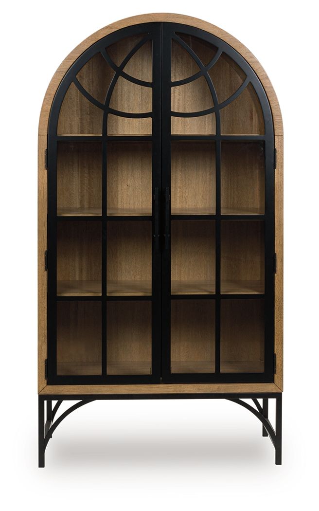 Natural wood accent cabinet with arched black metal grid door and four-tier shelves