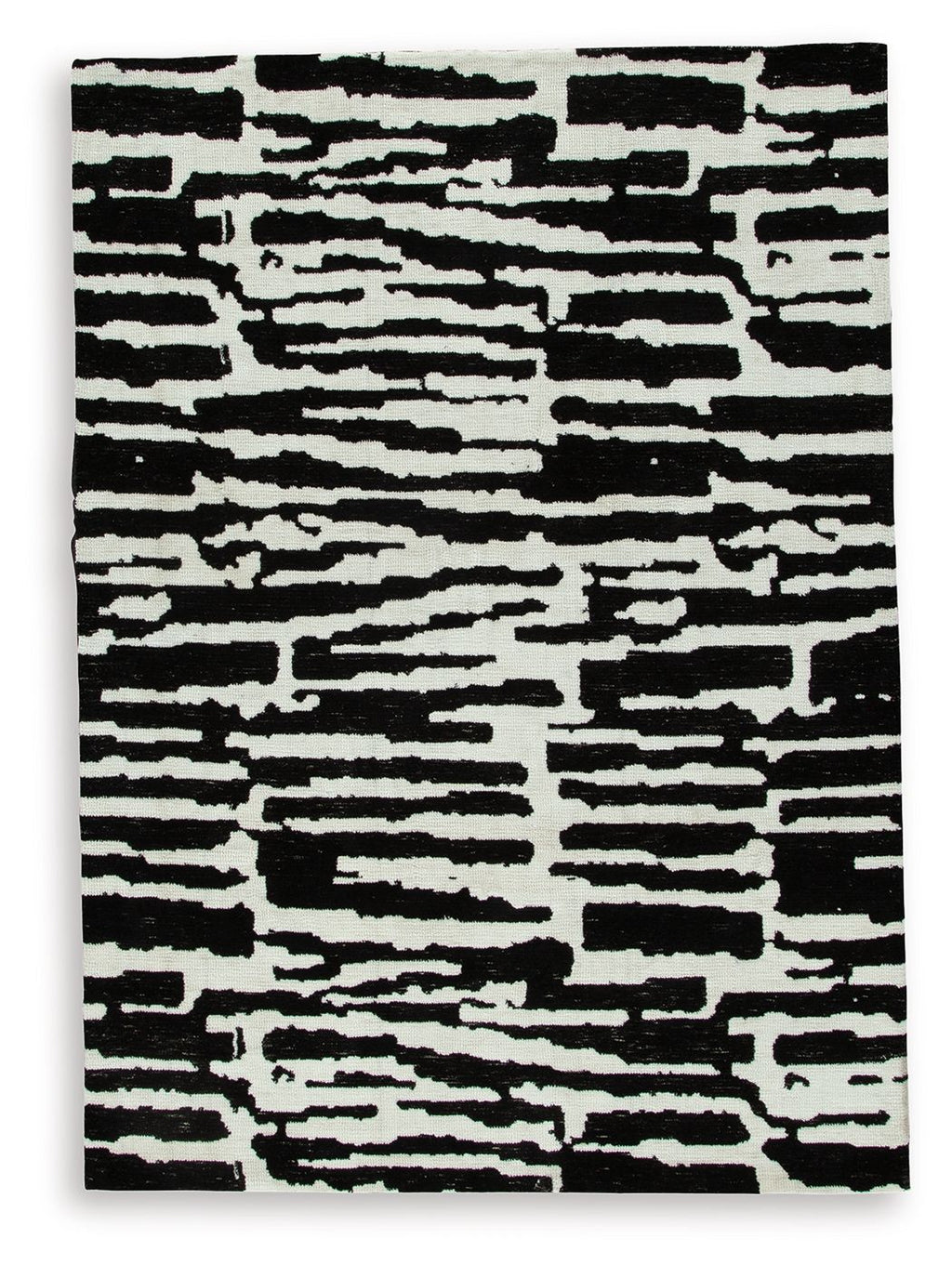 Black-and-white abstract striped area rug with dense horizontal brushstroke blocks