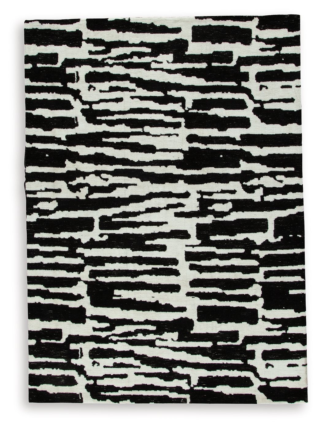 Black-and-white abstract striped area rug with dense horizontal brushstroke blocks