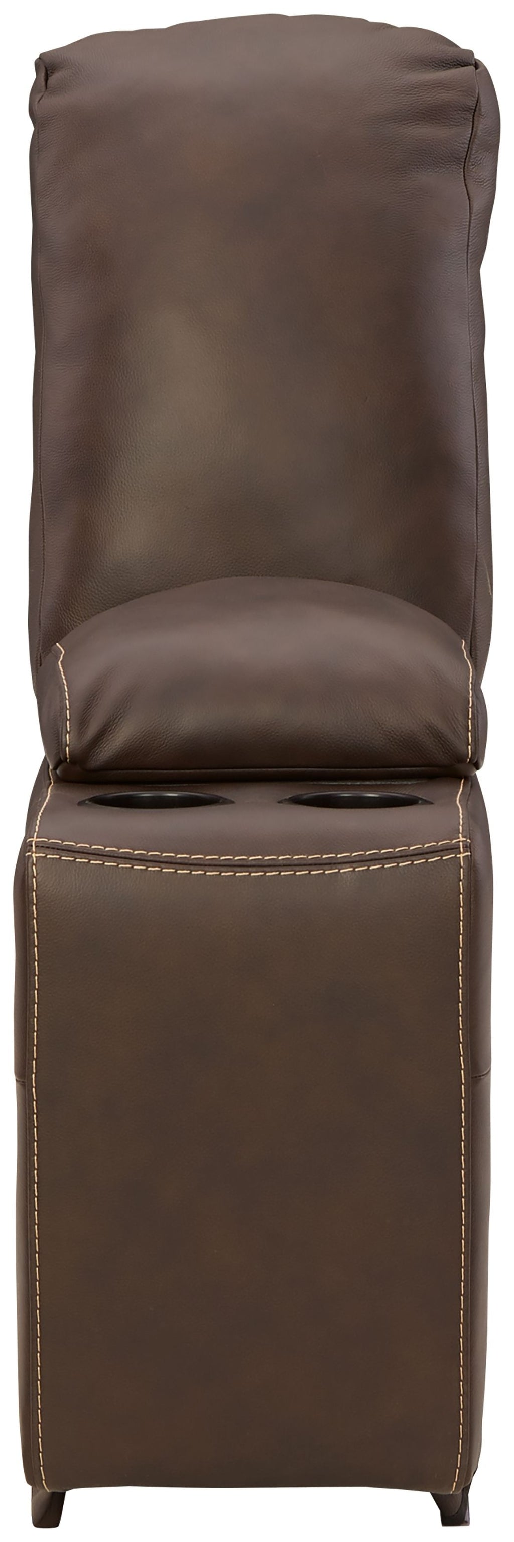 Chocolate brown storage console with cushioned top and paneled base
