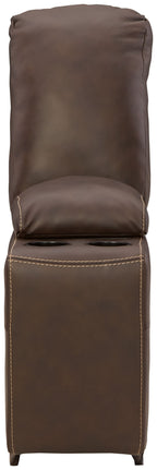 Chocolate brown storage console with cushioned top and paneled base