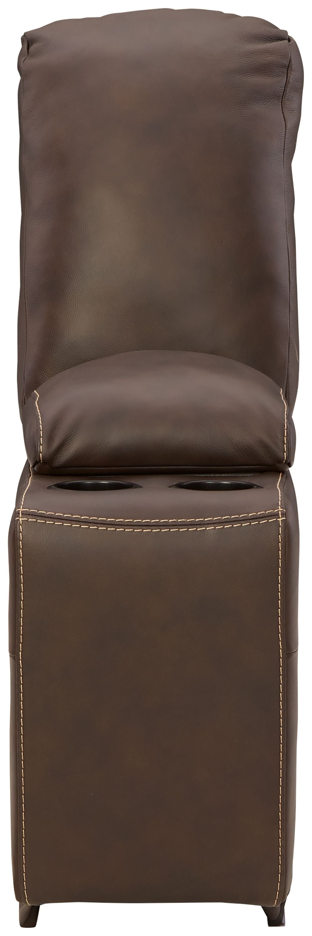 Chocolate brown storage console with cushioned top and paneled base