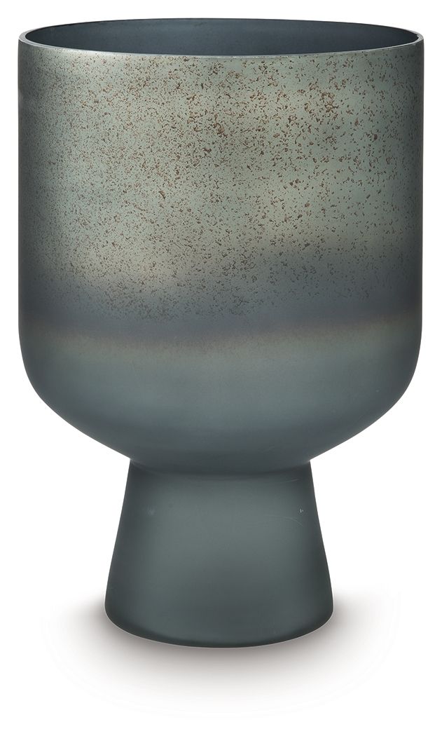 Blue speckled vase with flared top and rounded pedestal base, matte.