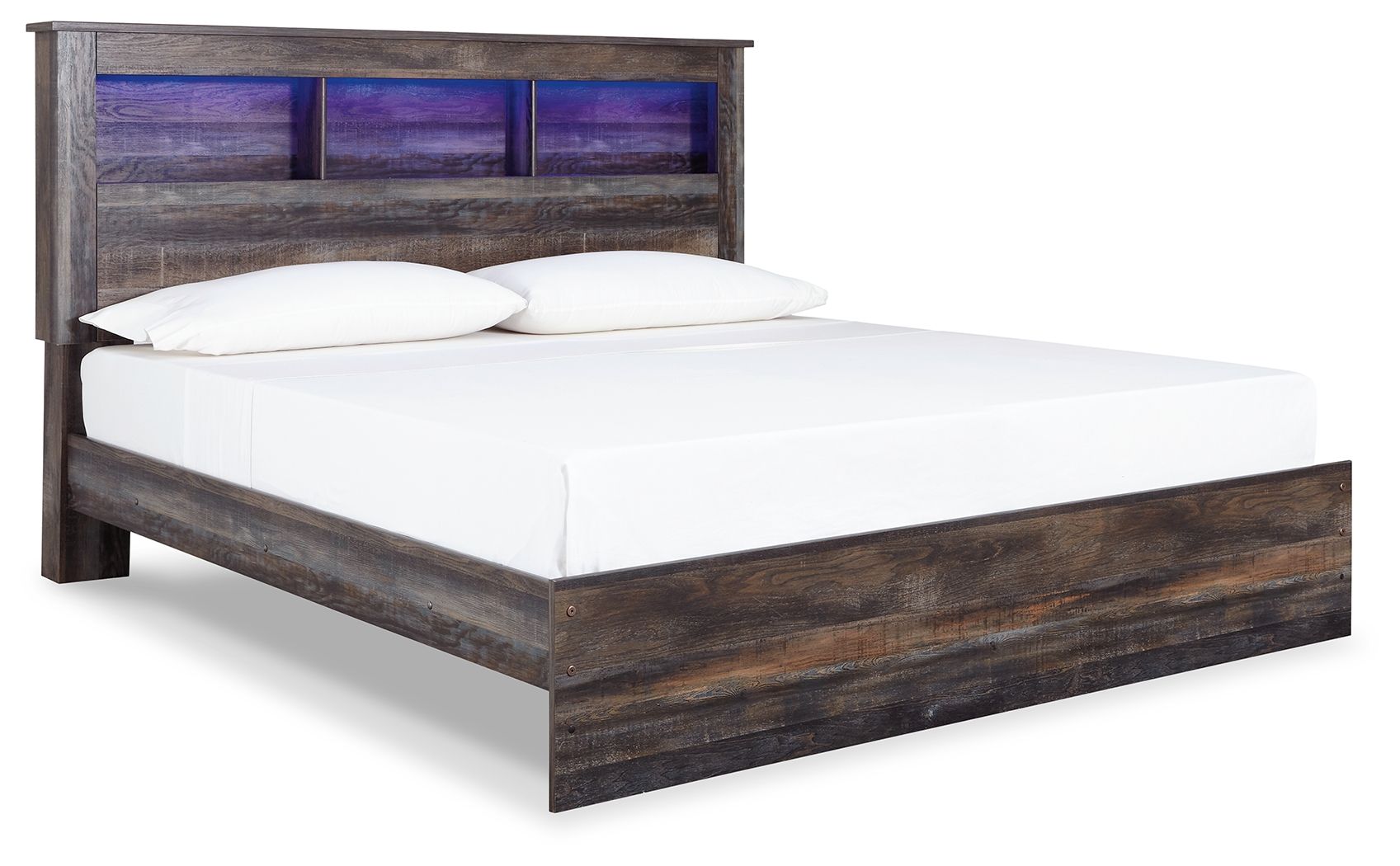 Panel bookcase bed with dark wood frame, open shelf headboard, and two drawer storage base