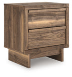 Brown wood two-drawer night stand with two full-width drawers and low legs