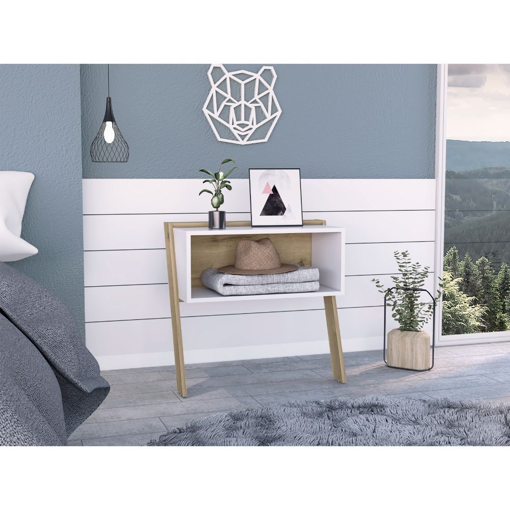 Light Oak White Nightstand 24"H - Bedside Table with Shelf