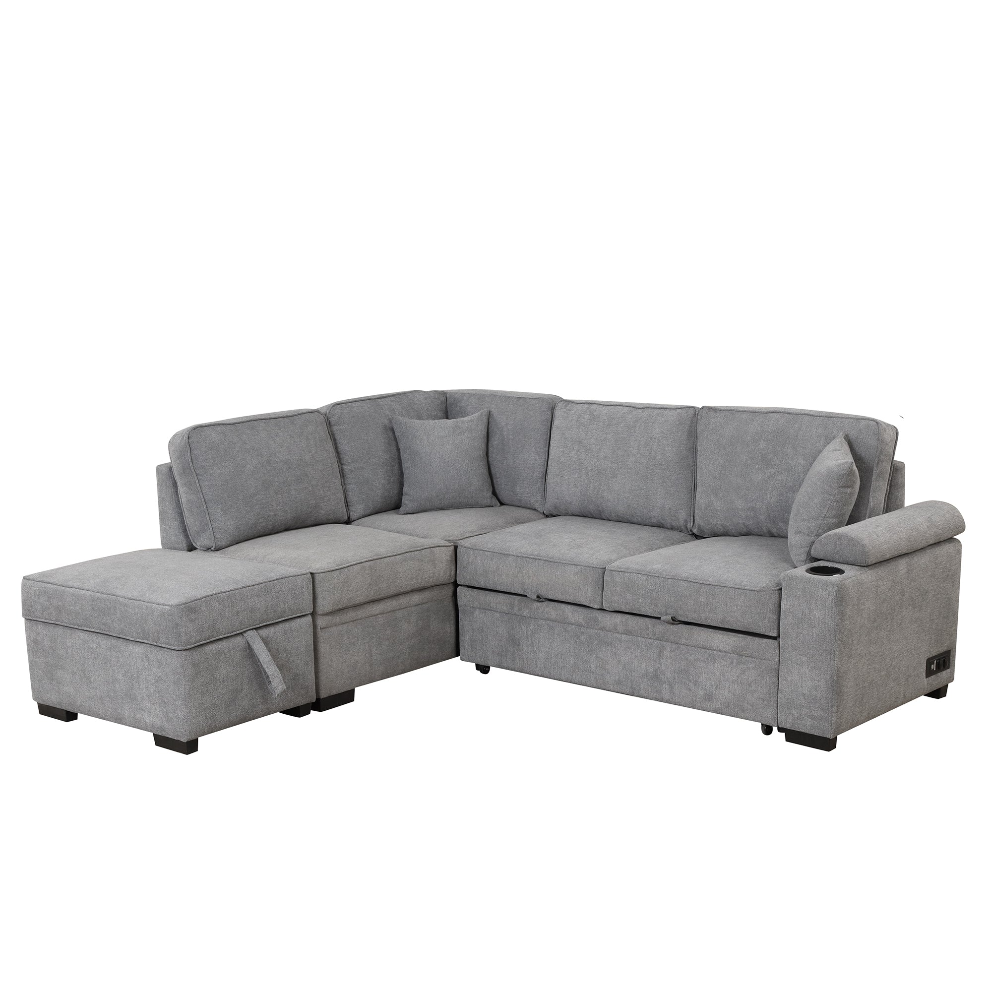 Gray L-Shape Sleeper Sofa w/ Storage Ottoman
