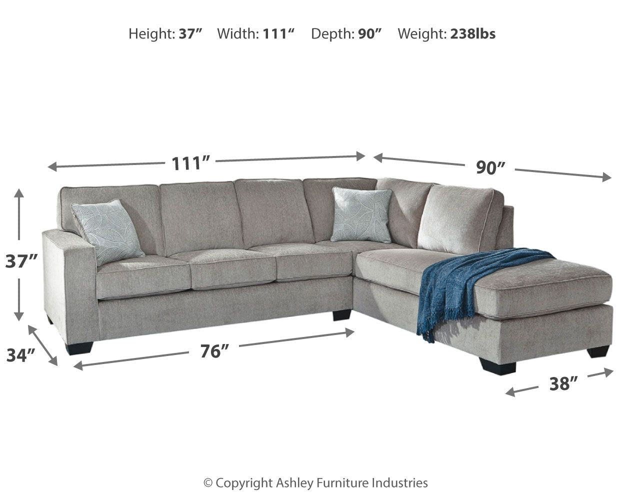 Sleeper sectional sofa diagram with height, width, and depth measurements
