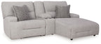 Light gray power reclining sectional sofa with raf chaise and two patterned back pillows