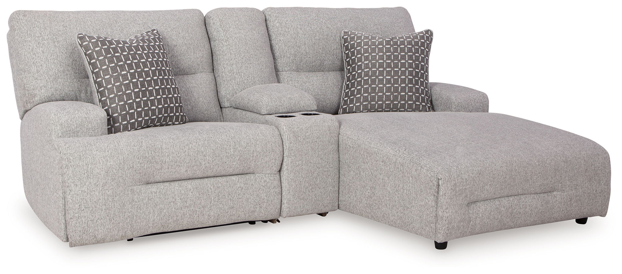 Light gray power reclining sectional sofa with raf chaise and two patterned back pillows