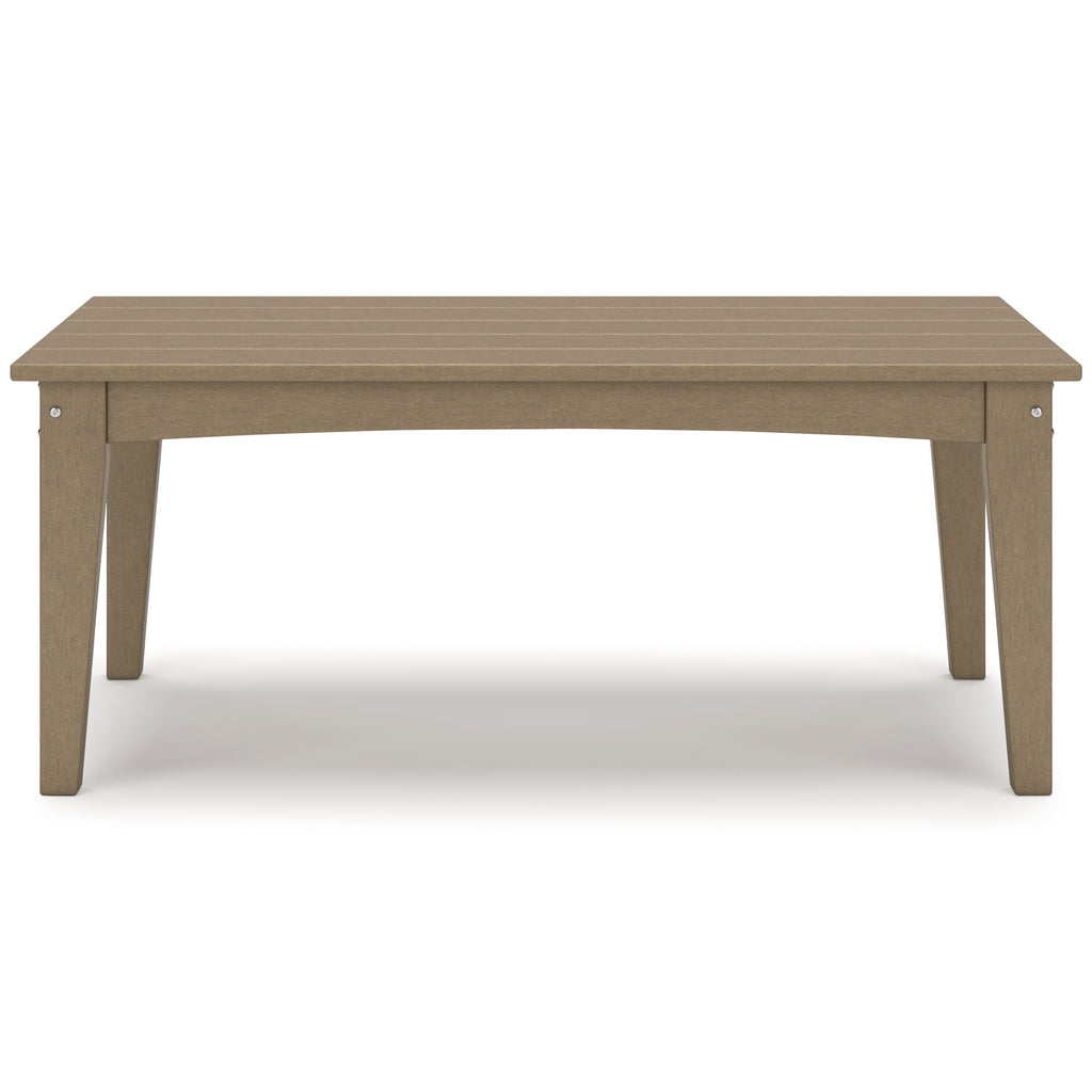 Rectangular cocktail table in tan/brown with slatted tabletop and angled legs