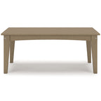 Rectangular cocktail table in tan/brown with slatted tabletop and angled legs