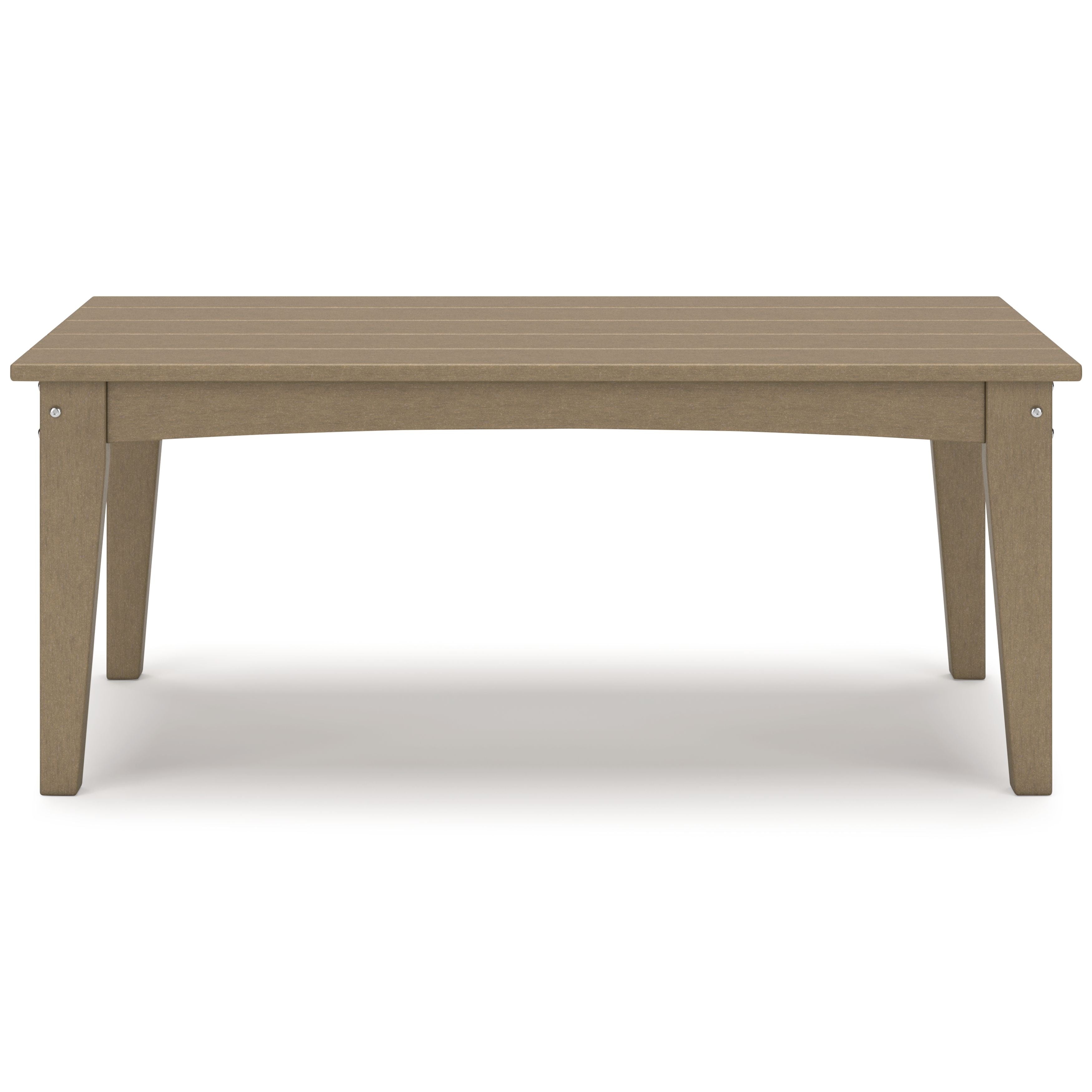 Rectangular cocktail table in tan/brown with slatted tabletop and angled legs