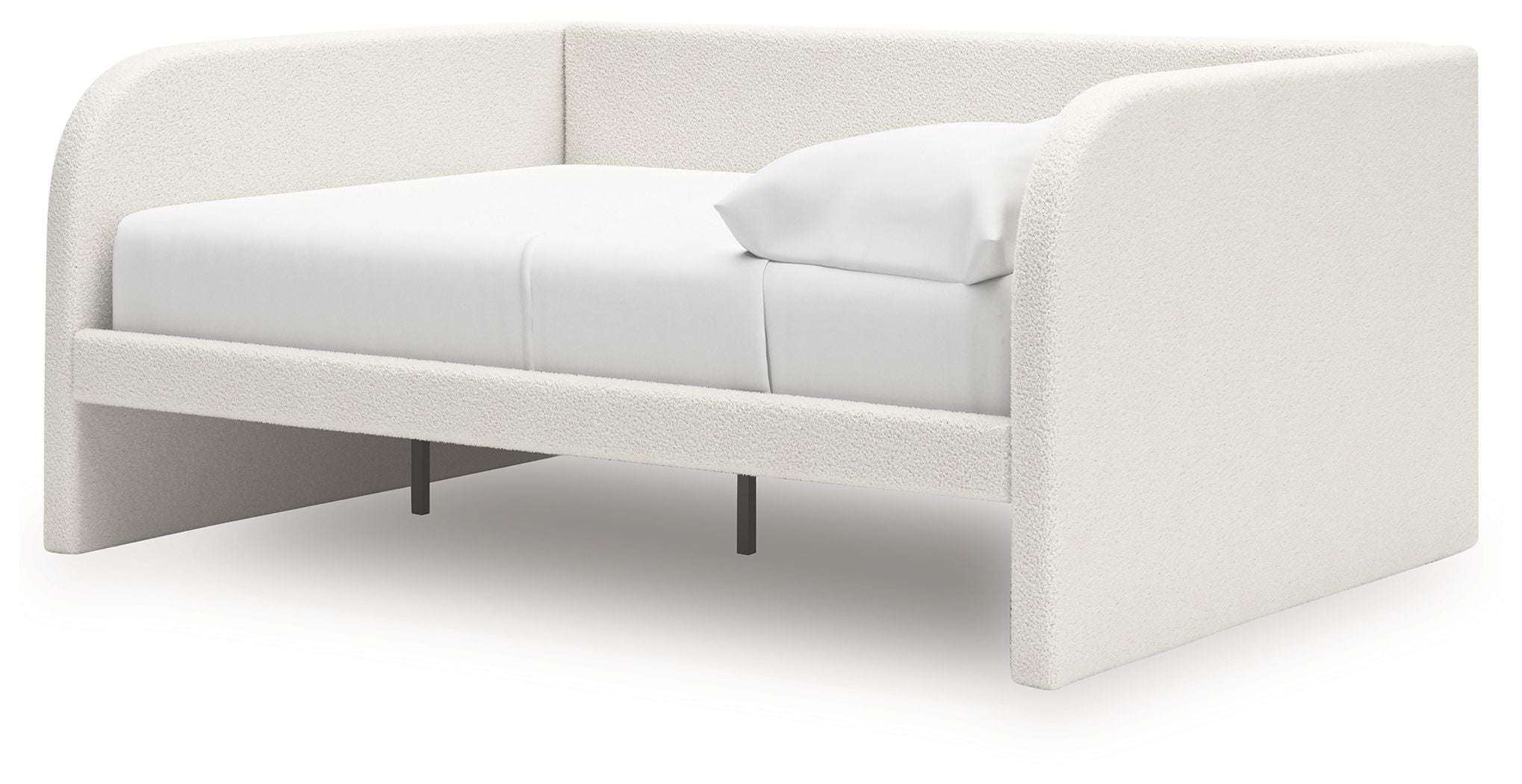 Beige upholstered day bed with open slatted base and tapered legs